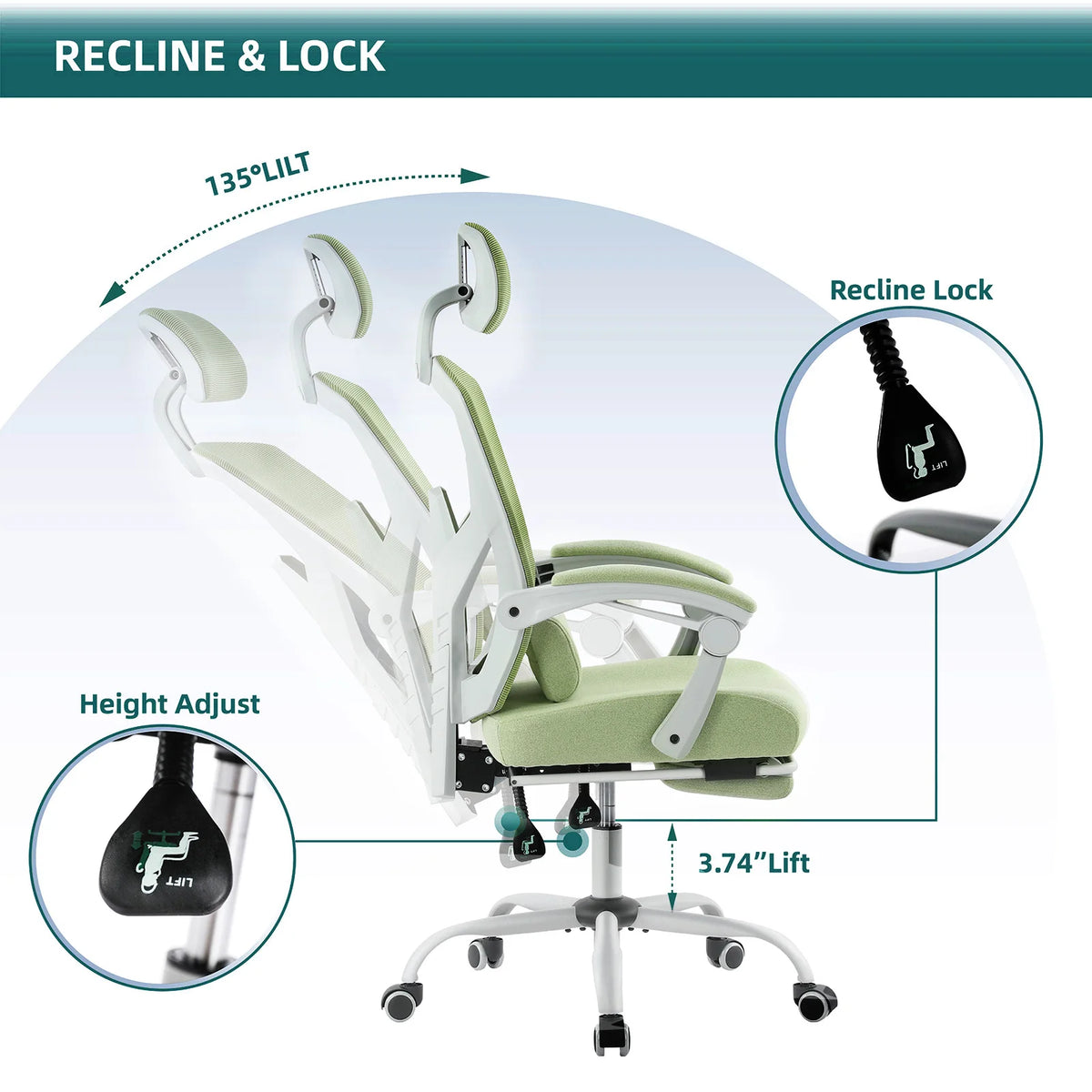 Ergonomic Reclining Office Chair with Lumbar Support Pillow and Swivel Base